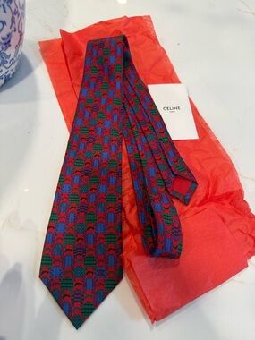 Celine Red Tie with Blue and Green Geometric Pattern